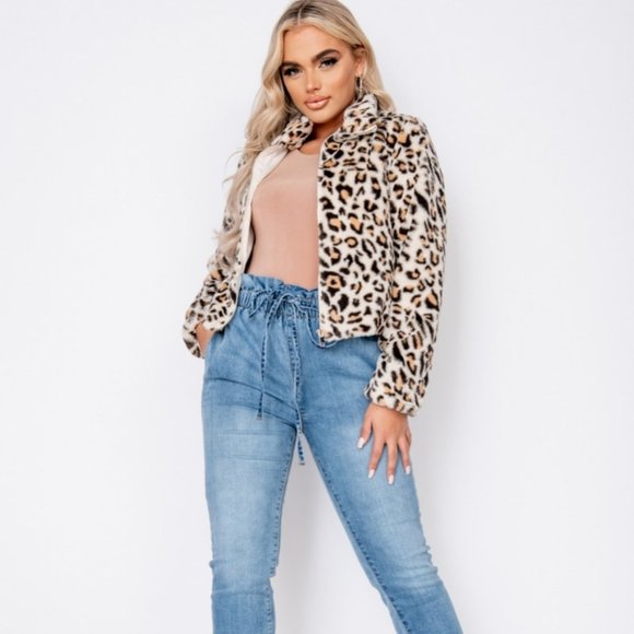 Leopard Print Animal Print Faux Fur Long Sleeve Collared Bomber Jacket - Picture 6 of 9